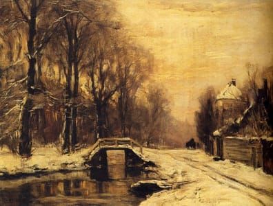 Artwork Title: A Snow Covered Forest with a Bridge Across a Stream