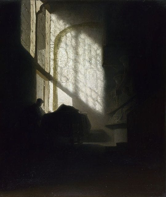 Artwork Title: A Man seated reading at a Table in a Lofty Room
