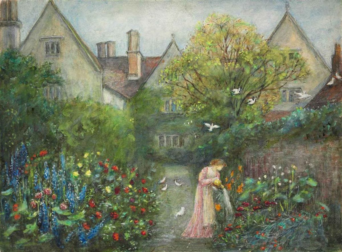Artwork Title: A lady in the garden at Kelmscott Manor, Gloucestershire