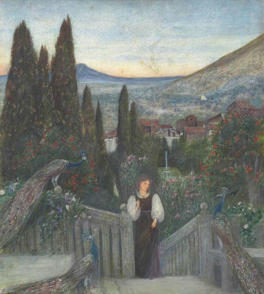 Artwork Title: A lady with peacocks in a garden, an Italianate landscape beyond