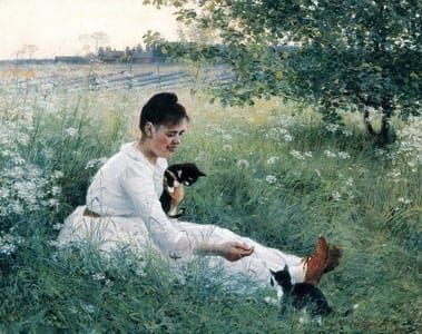 Artwork Title: Girl with Cats in a Summer Landscape