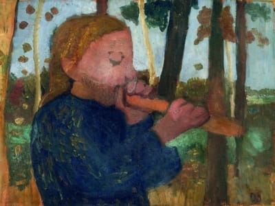 Artwork Title: Brustbild eines Flöte blasenden Mädchens im Birkenwald (Portrait of a Girl Blowing Flute in a Birch 