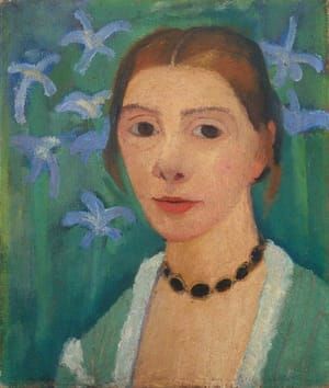 Artwork Title: Selbstbildnis vor Grünem Hintergrund mit Blauer Iris (Self Portrait with Green Background and Blue I