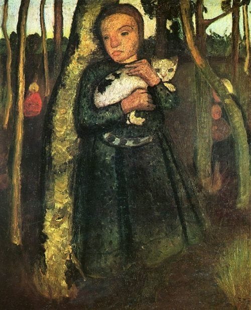 Artwork Title: Mädchen mit Katze im Birkenwald (Girl with Cat in Birch Forest)