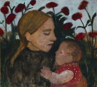 Artwork Title: Girl with child at red flowers (Mädchen mit Kind vor roten blumen)