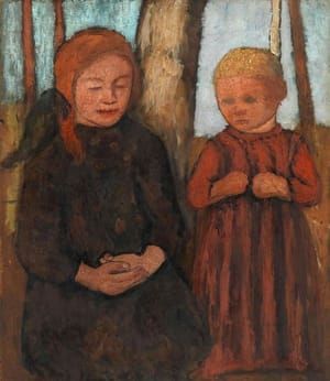 Artwork Title: Kniendes Mädchen und Kind vor Baumstämmen (Kneeling Girl and Baby in front of