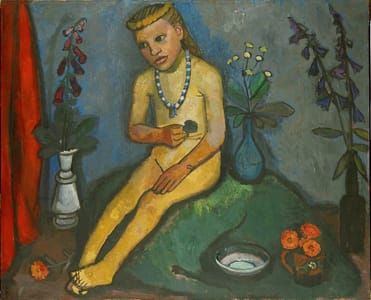 Artwork Title: Sitzender Mädchenakt mit Blumenvasen (Seated Nude Girl with fFlower Vases)