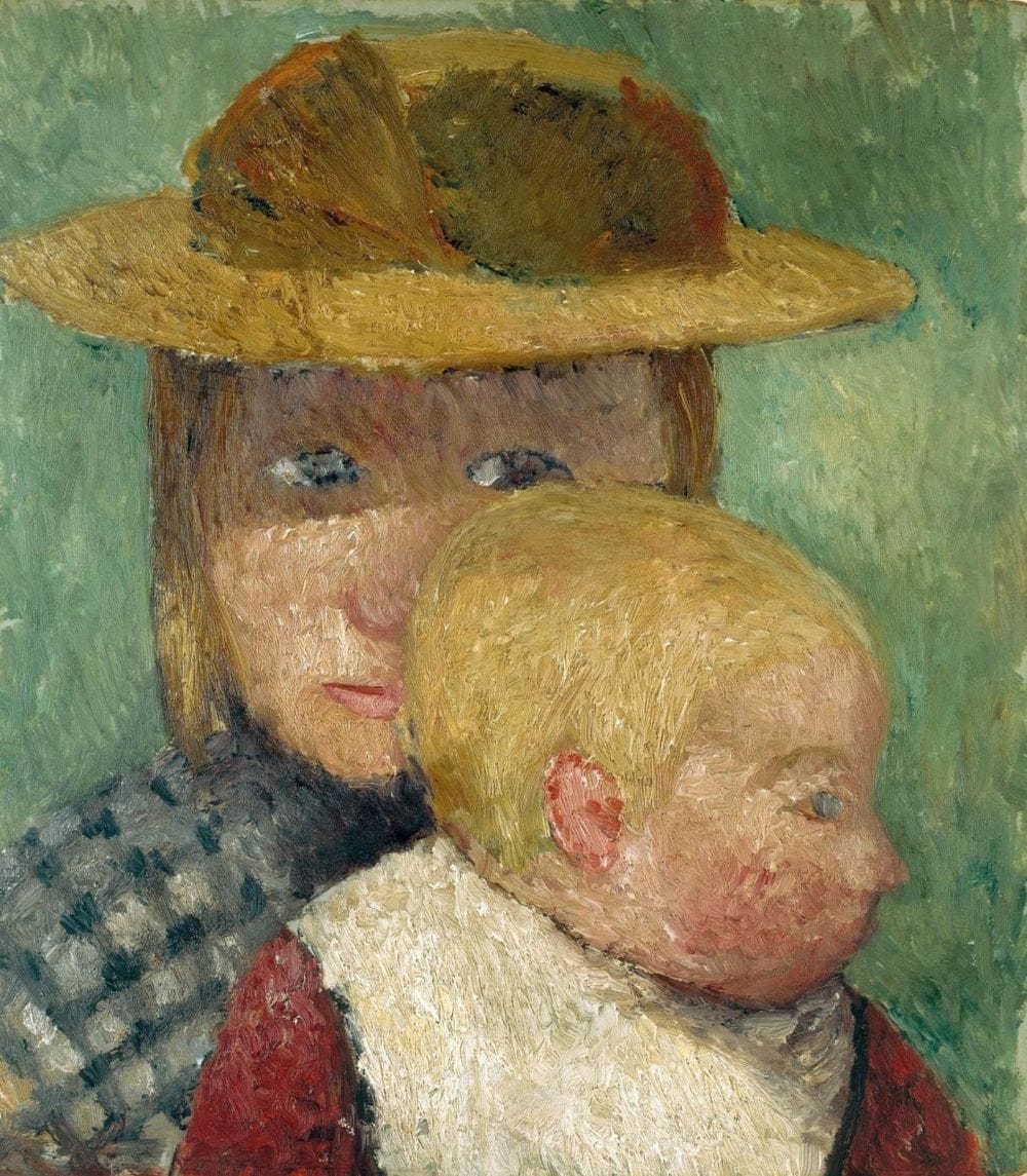 Artwork Title: Brustbild eines Mädchens mit Strohhut und Kind im Profil, um