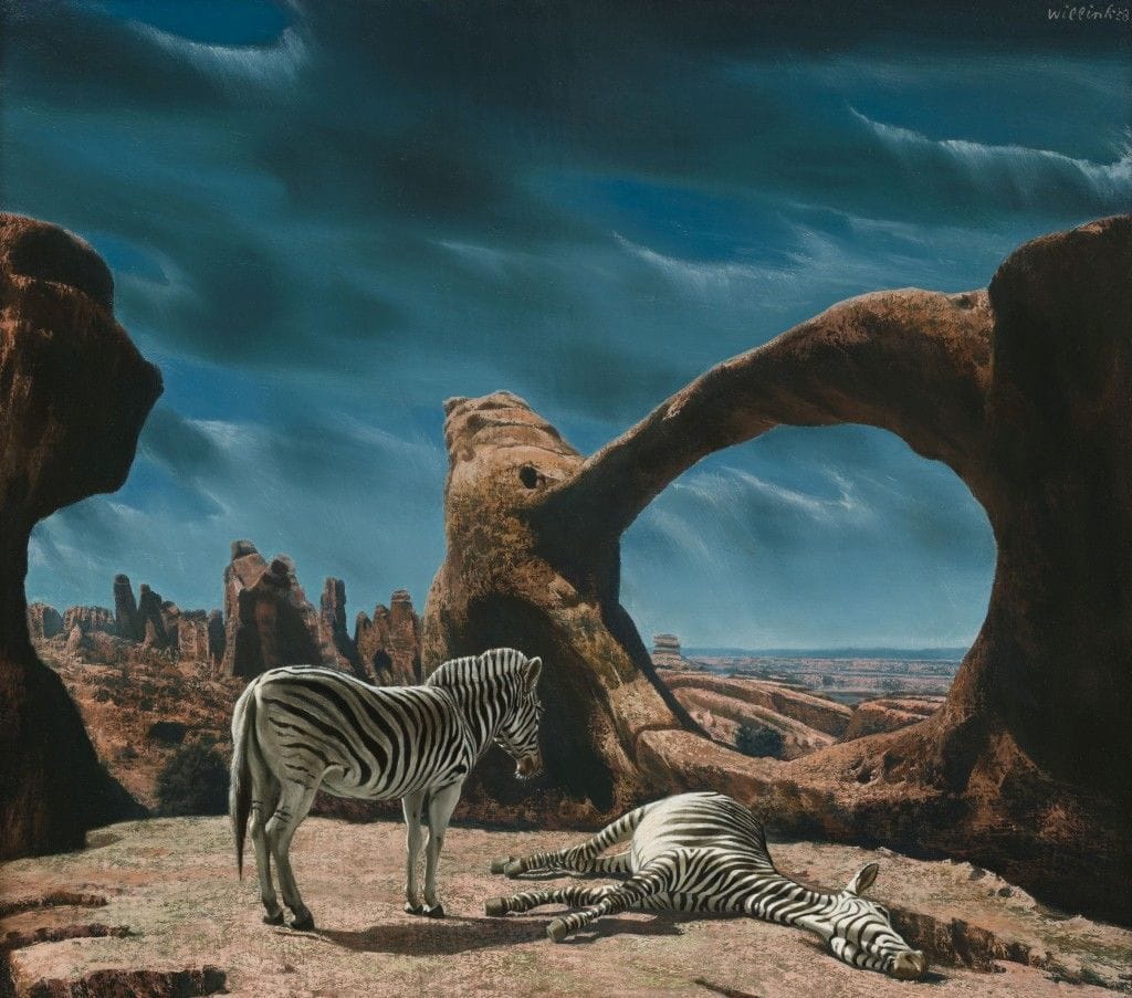 Artwork Title: Zebra's in rood rotslandschap