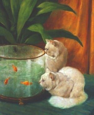 Artwork Title: Two White Persian Cats Looking into a Goldfish Bowl