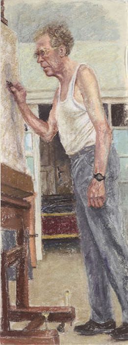 Artwork Title: Self-Portrait in Grey Trousers and White Vest Facing Easel