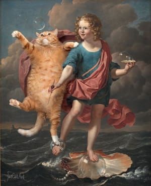 Artwork Title: Karel Dujardin, Boy Blowing Soap Bubbles and Cat hunting for them. Allegory on the Transitoriness an