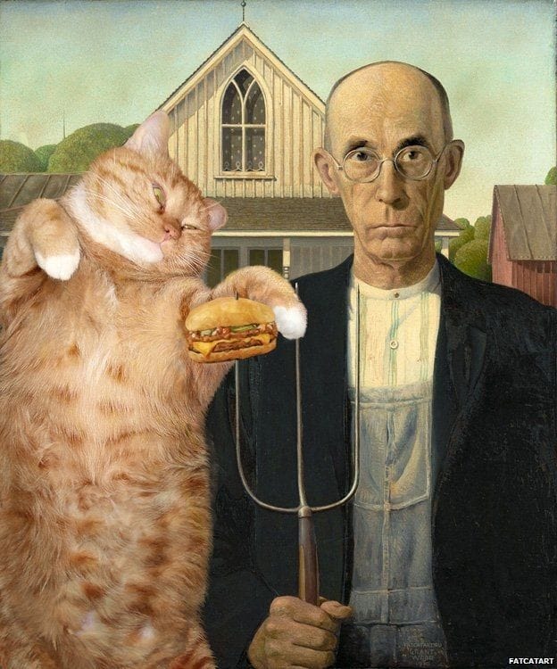 Artwork Title: Ameri-cat Gothic. I can has cheezburger? Based on Grant Wood's American Gothic