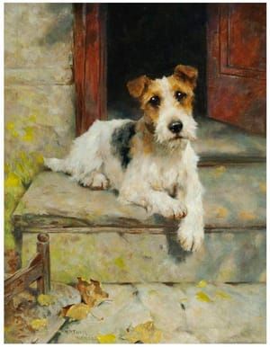 Artwork Title: Waiting for master, a wire coated fox terrier