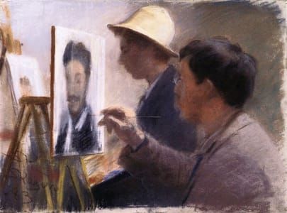 Artwork Title: Oscar Björck and Eilif Peterssen Painting Portraits of Georg Brandes