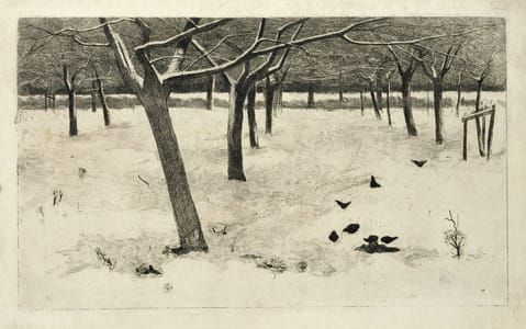 Artwork Title: Besneeuwde boomgaard, zeven vogels in sneeuw (Snowy Orchard, Seven Birds in the Snow)