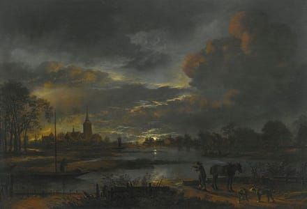 Artwork Title: Aert van der Neer - A Wide Moonlit River Landscape With Figures Fishing, A Village Beyond