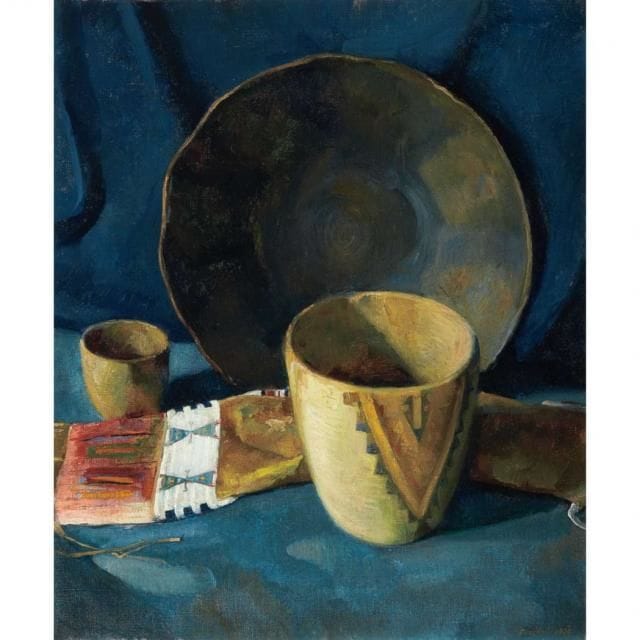 Artwork Title: Still Life with Native American Bowls and Tobacco Pouch