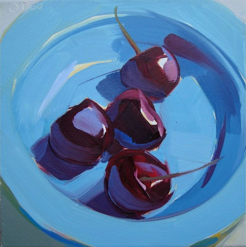 Artwork Title: Cherries in Blue Bowl, oil on linen, art size: 10