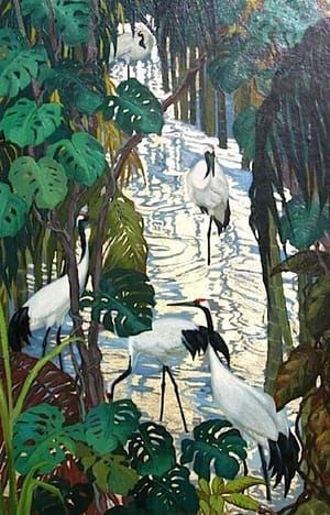 Artwork Title: Cranes in a Jungle Setting