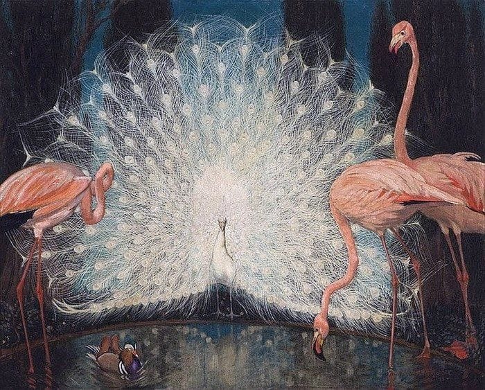 Artwork Title: White peacock and pink flamingos