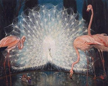 Artwork Title: White peacock and pink flamingos