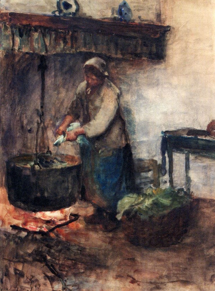 Artwork Title: A Cottage Interior With A Peasant Woman Preparing Supper