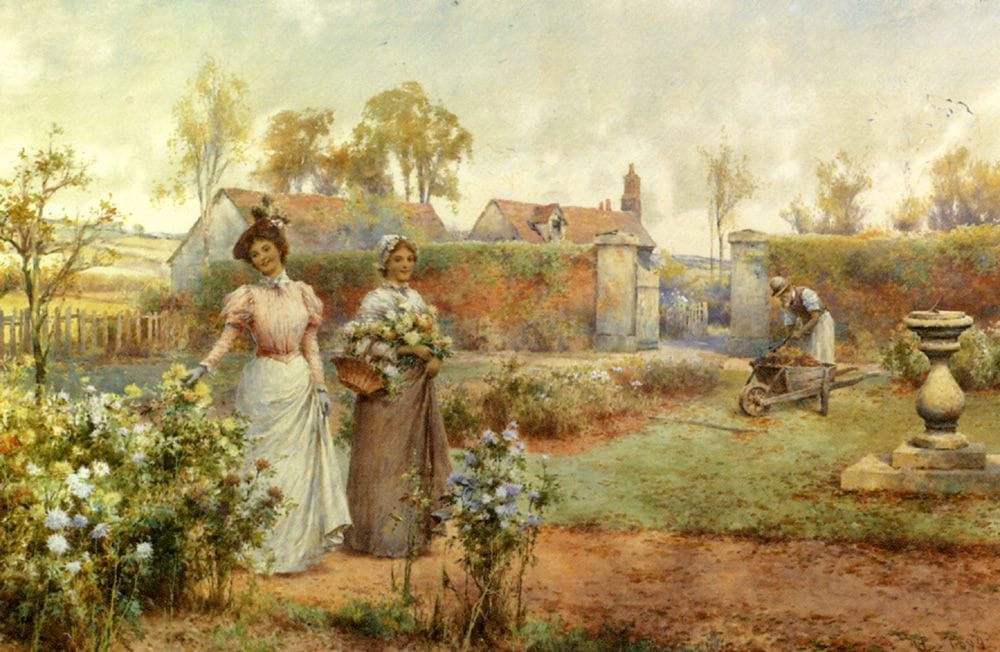 Artwork Title: A Lady And Her Maid Picking Chrysanthemums