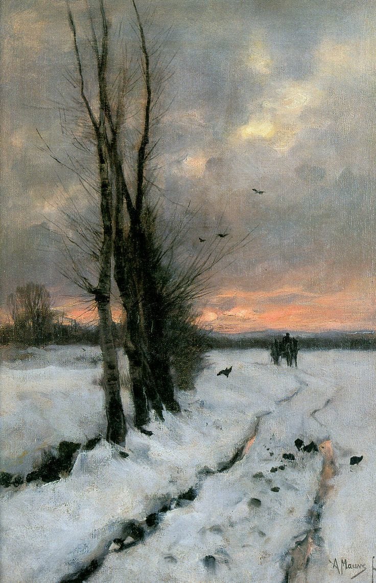 Artwork Title: Winter Landscape at Sunset (Sneeuwlandschap bij ondergaande zon)