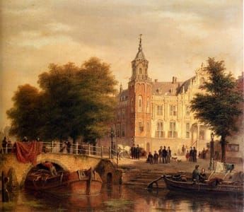 Artwork Title: A Sunlit Townview With Figures Gathered On A Square Along A Canal