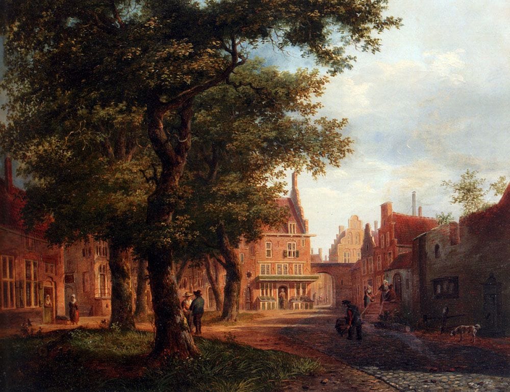 Artwork Title: A Village Square With Villagers Conversing Under Trees