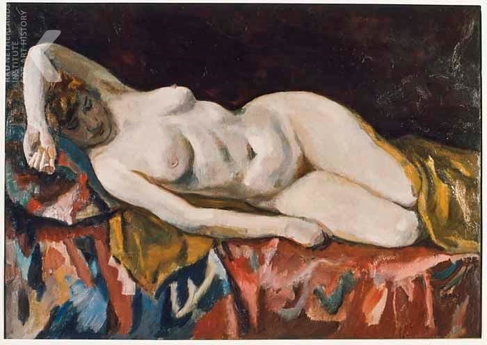 Artwork Title: Liggende naakte vrouw op een met kelim gedrapeerd bed  (Nude Woman Lying on a Kelim-draped Bed)