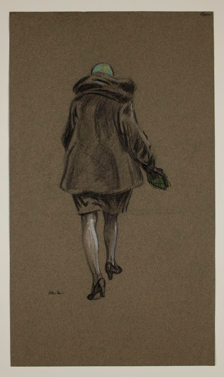 Artwork Title: Back of Woman Walking black and colored crayon, graphite pencil and gouache, on gray-beige wove pape