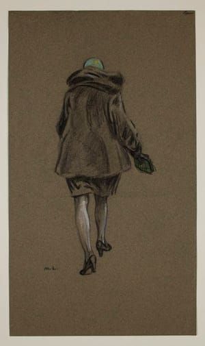 Artwork Title: Back of Woman Walking black and colored crayon, graphite pencil and gouache, on gray-beige wove pape