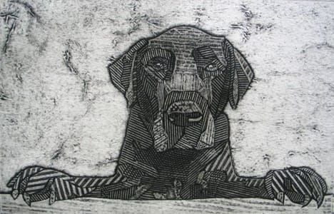 Artwork Title: Dusk #2 (Bk&Wt Collagraph of Labrador Retriever)