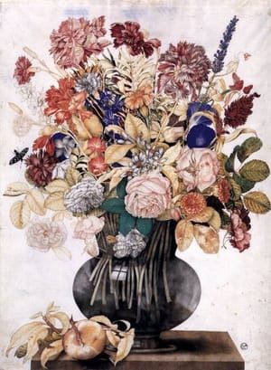 Artwork Title: Vase with Flowers, a Peach and a Butterfly