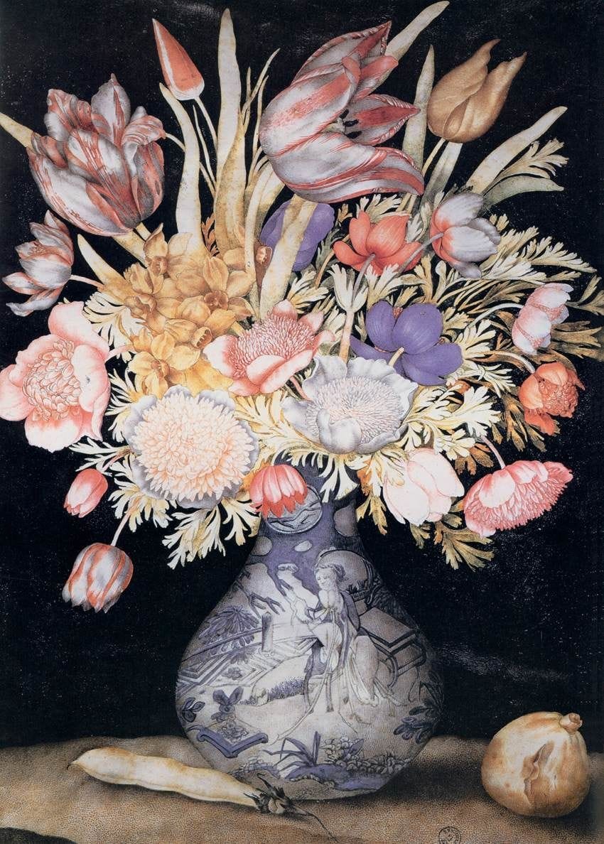 Artwork Title: Chinese Vase with Flowers, a Fig, and a Bean
