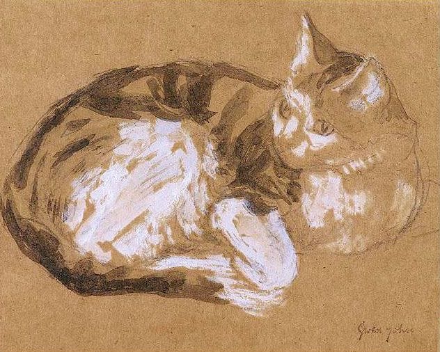 Artwork Title: Tabby Cat Curled Up and Looking Attentively