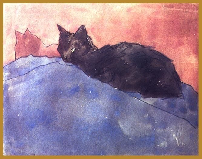 Artwork Title: Black Cat on  Blue and Pink