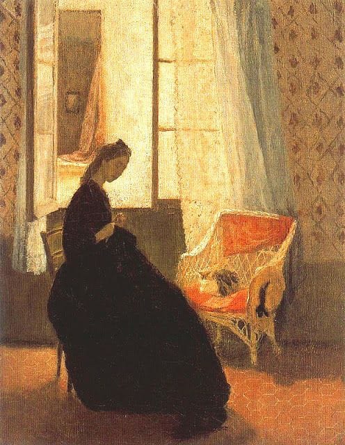 Artwork Title: Interior with Woman Sewing at Window and Cat