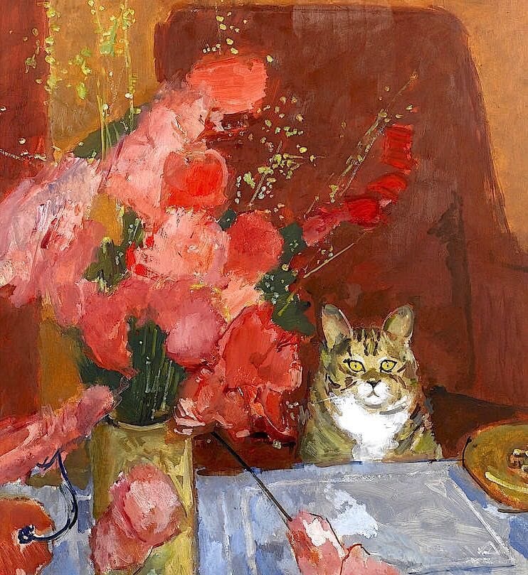 Artwork Title: Cat and Flowers at the Table