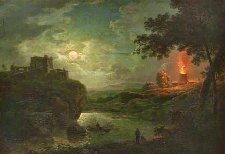 Artwork Title: A Castle and Burning Kiln over a River by Moonlight