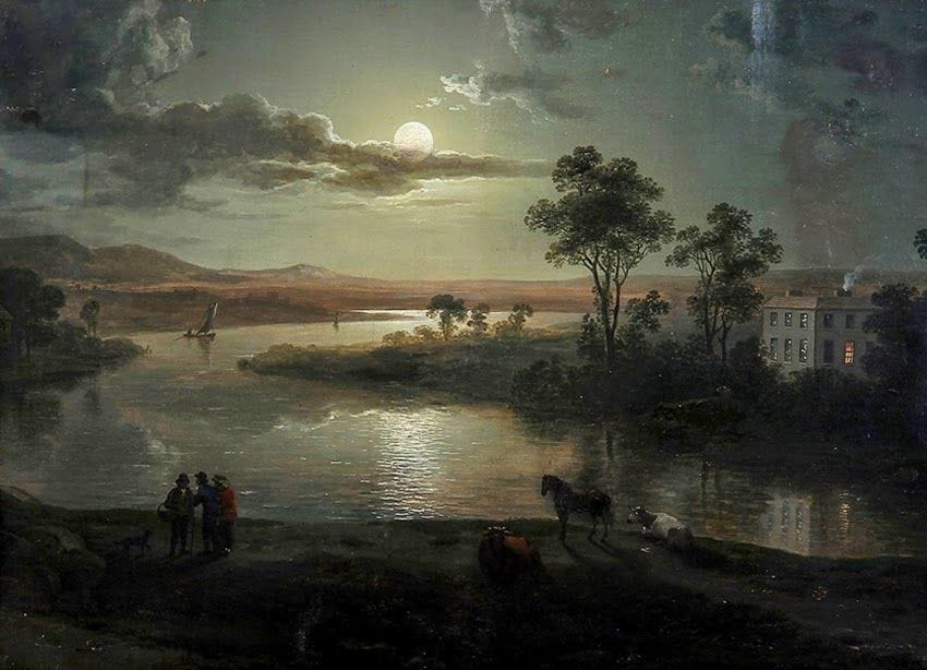 Artwork Title: Evening Scene with Full Moon and People