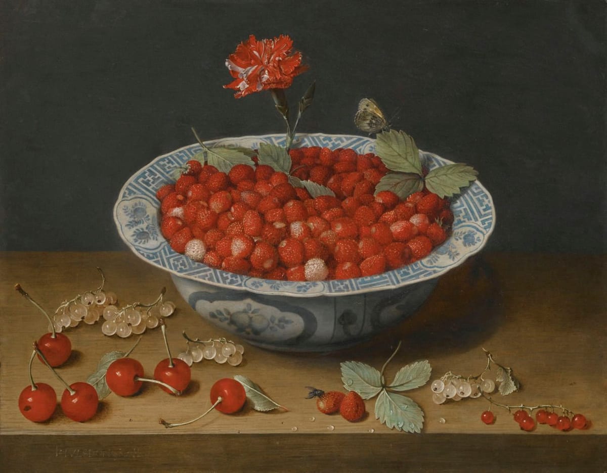 Artwork Title: Still Life With Wild Strawberries And a Carnation In a Ming Dynasty Bowl