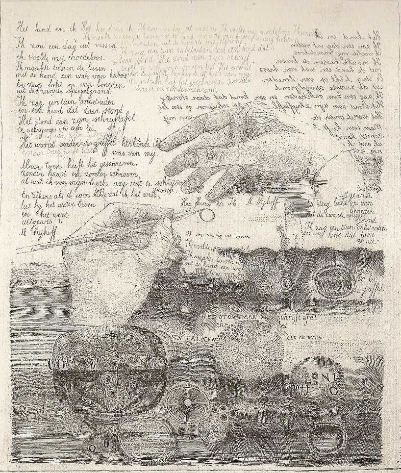 Artwork Title: Twee handen, schelpen en tekst van het gedicht 'Het kind en ik' van Martinus Nijhoff (Two hands, she