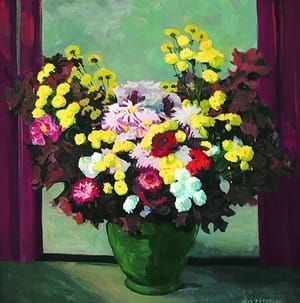 Artwork Title: Zinnias and Cosmos in a Green Vase
