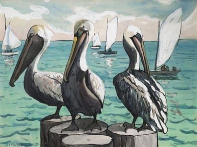 Artwork Title: Three Pelicans and Sailboats
