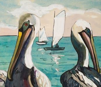 Artwork Title: Three Pelicans and Sailboats