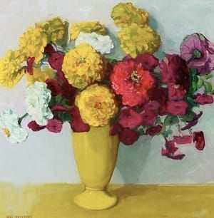 Artwork Title: Zinnias in a Yellow Vase