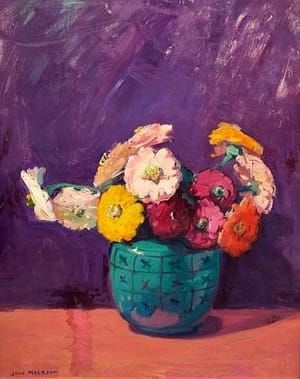 Artwork Title: Zinnias in a Teal Vase